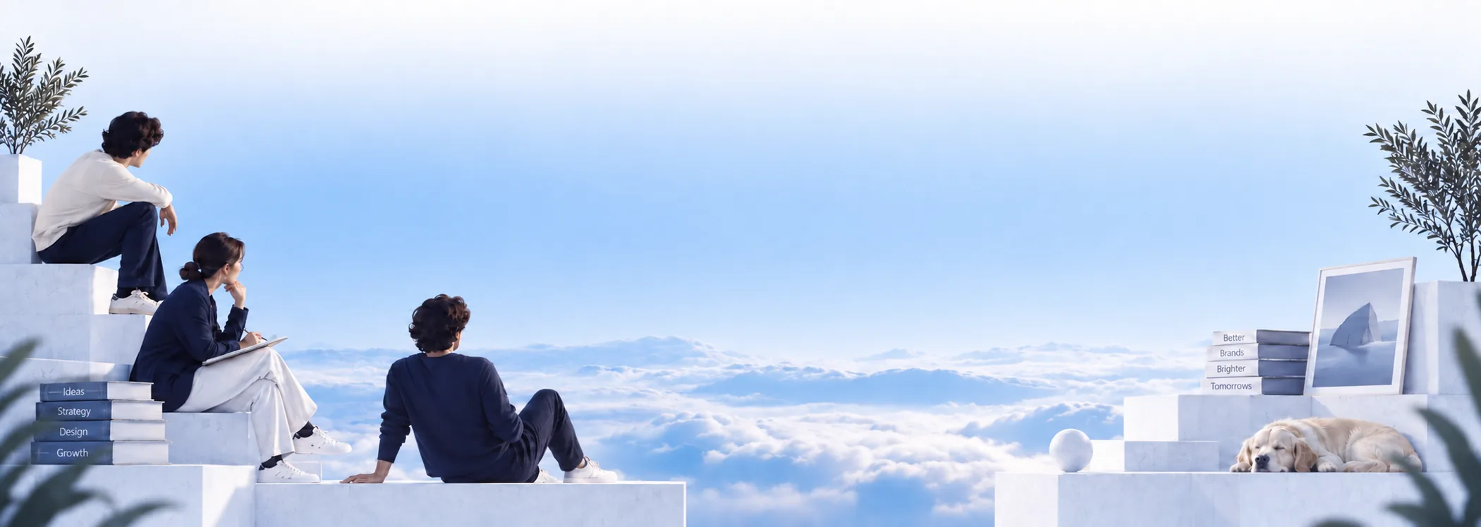 Three people at work on marble steps above a bank of clouds